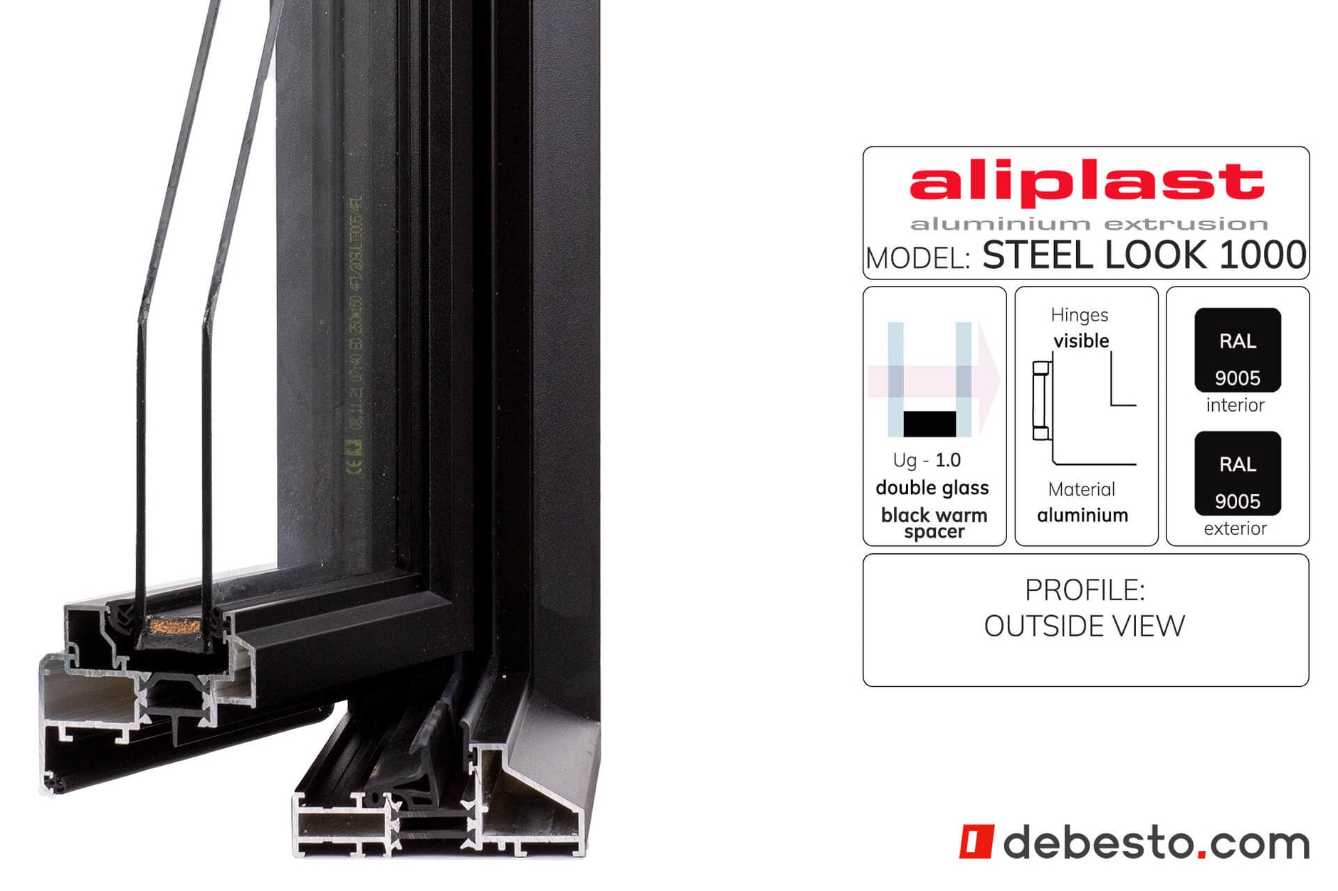 Aliplast Steel Look 1000 Without Fin Black Aluminium Window System - Corner Sample