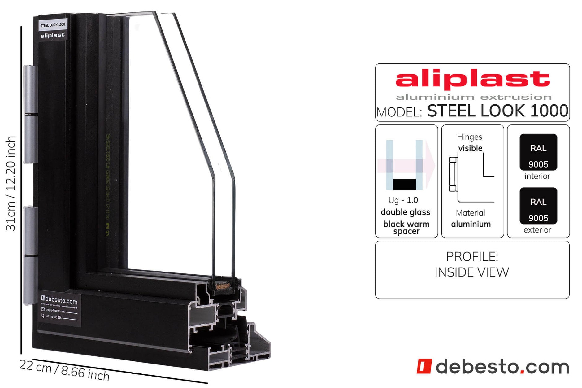 Aliplast Steel Look 1000 Without Fin Black Aluminium Window System - Corner Sample