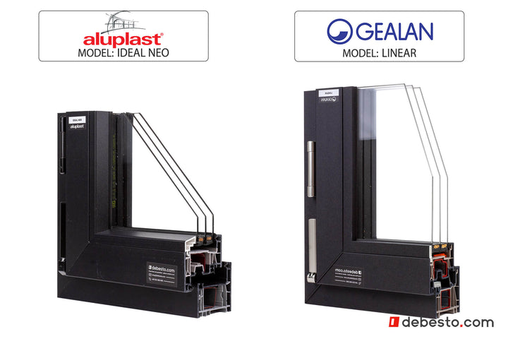 Set of 2 window corner samples: Gelan Linear PVC & Aluplast Ideal Neo