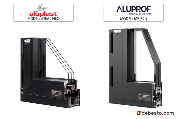 Set of 2 window corner sample Aluplast Ideal Neo PVC & Aluprof MB 79N ALU