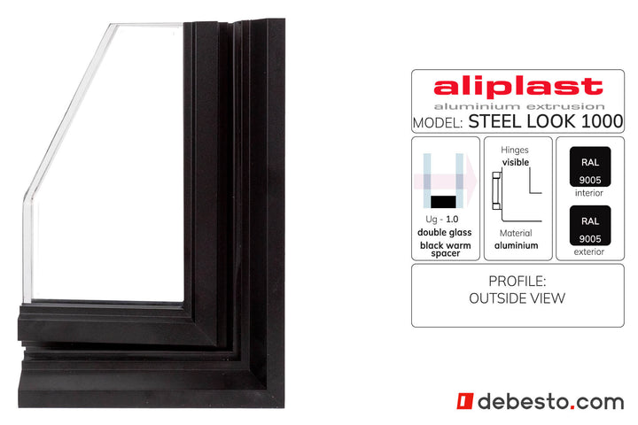 Aliplast Steel Look 1000 Without Fin Black Aluminium Window System - Corner Sample