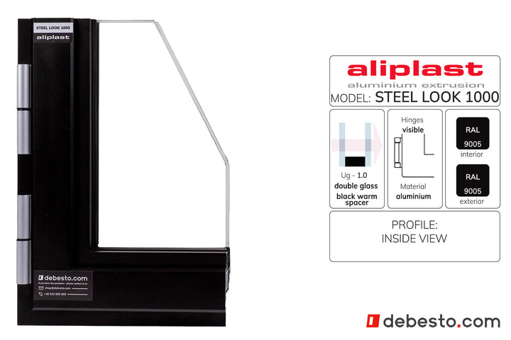 Aliplast Steel Look 1000 Without Fin Black Aluminium Window System - Corner Sample