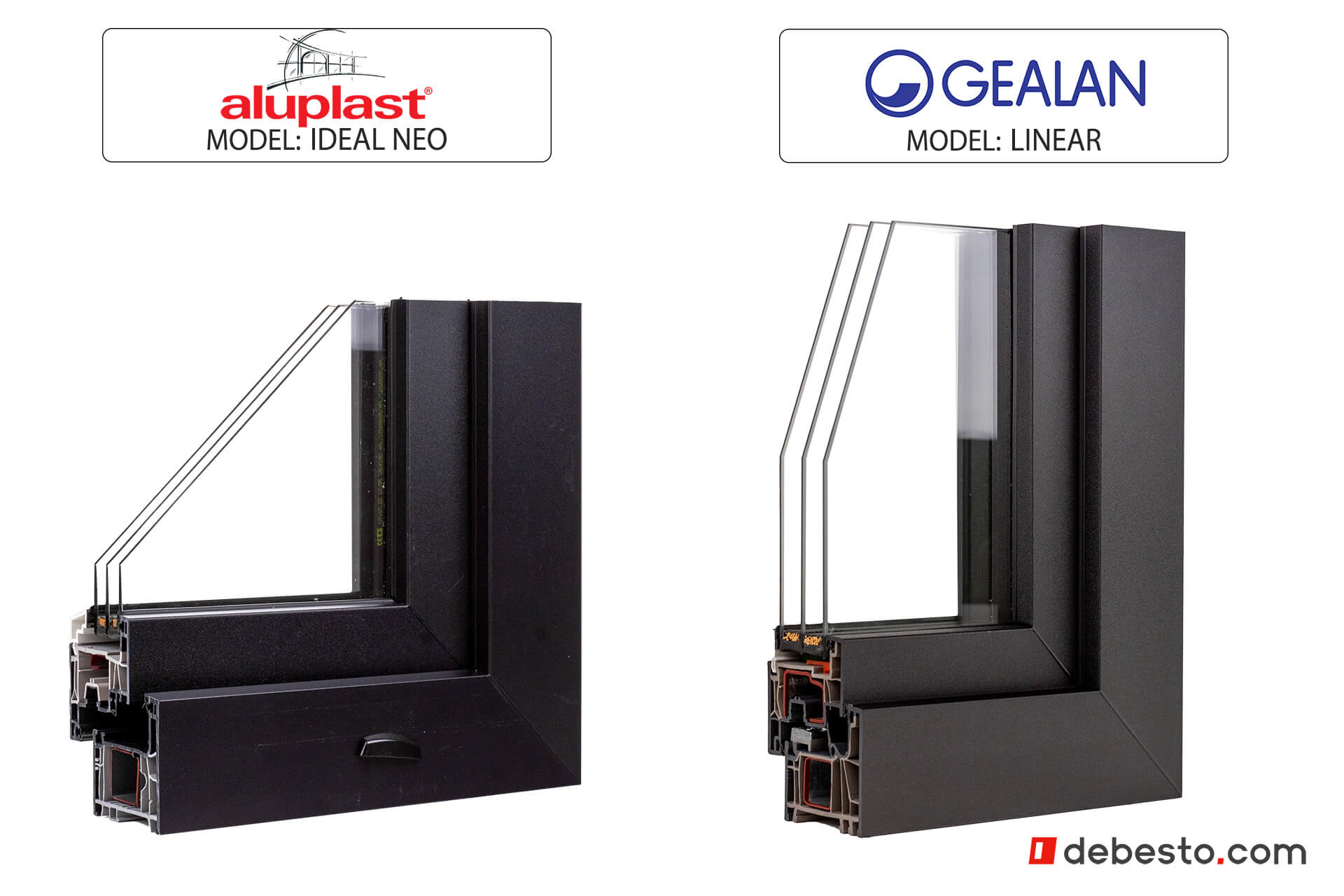 Set of 2 window corner samples: Gelan Linear PVC & Aluplast Ideal