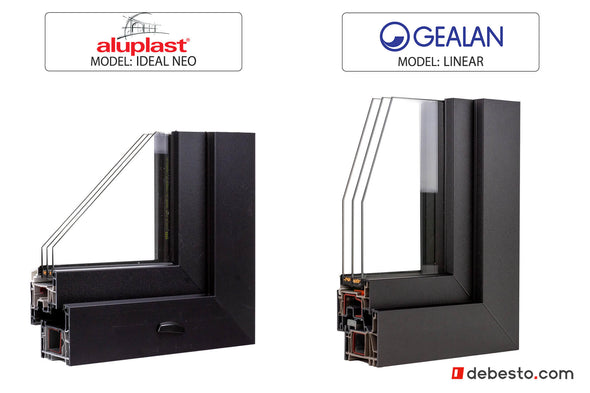 Set of 2 window corner samples: Gelan Linear PVC & Aluplast Ideal Neo