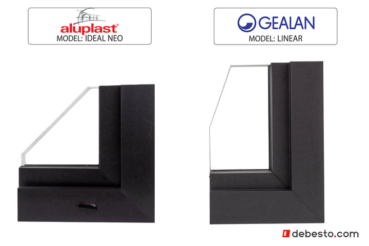 Set of 2 window corner samples: Gelan Linear PVC & Aluplast Ideal Neo