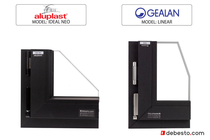 Set of 2 window corner samples: Gelan Linear PVC & Aluplast Ideal Neo
