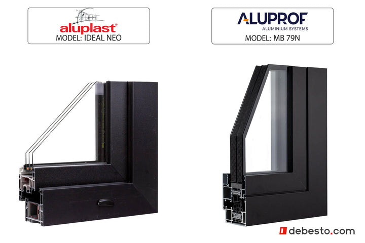 Set of 2 window corner sample Aluplast Ideal Neo PVC & Aluprof MB 79N ALU