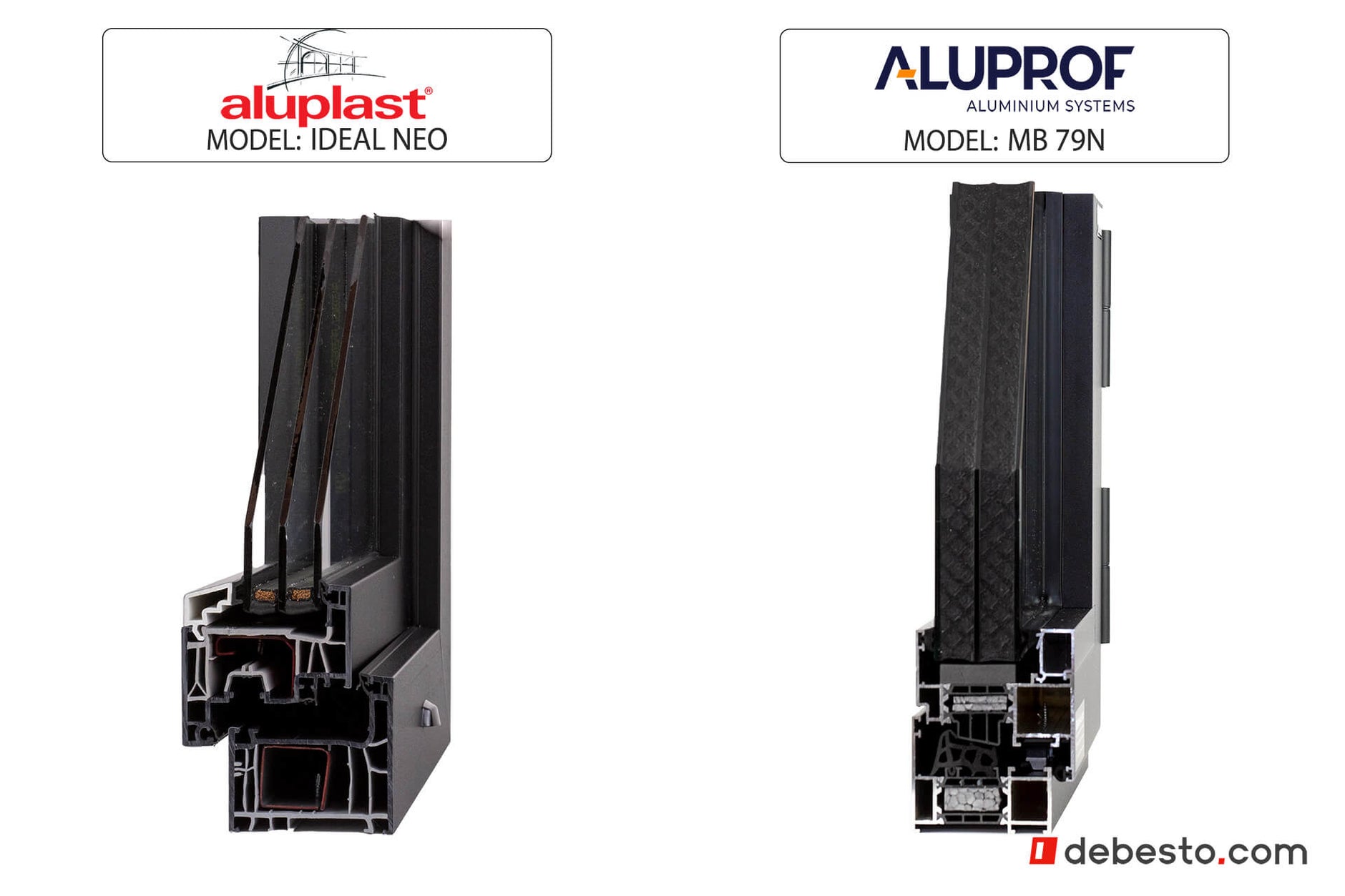Set of 2 window corner sample Aluplast Ideal Neo PVC & Aluprof MB 79N ALU