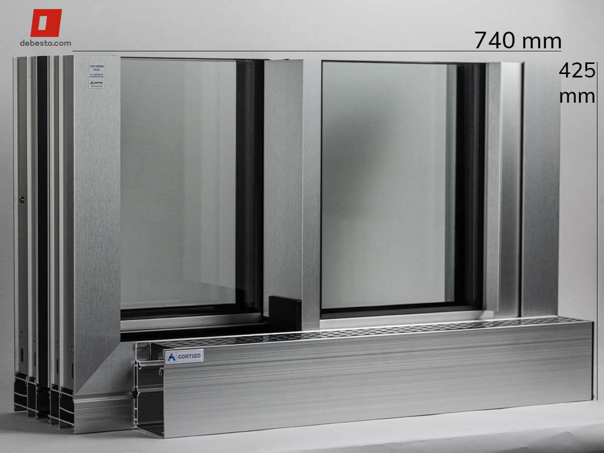 Cortizo Cor-Vision PLUS side view of sliding door sample with dimensions