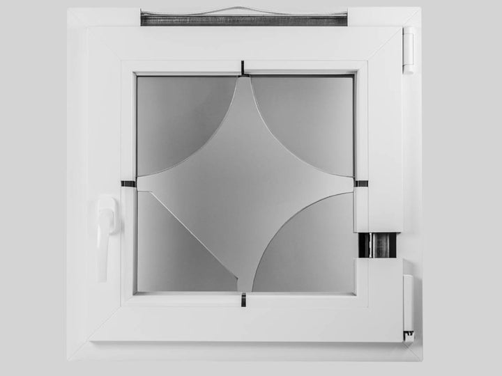 Front/interior view of Decco 82 Educational window sample. It has variates of glass and spacer bars. Also you can see the inside of the frame.