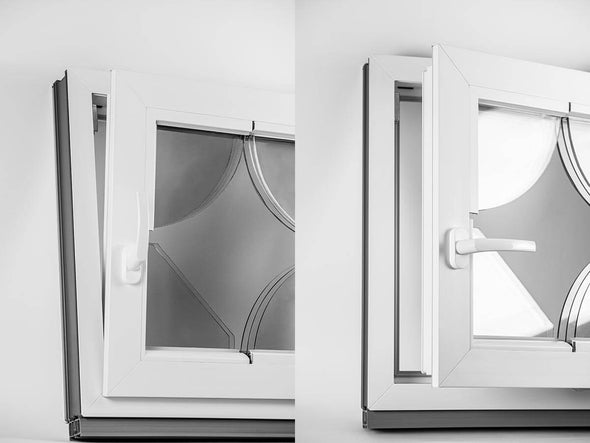 Two photos shows how Decco 82 educational window sample is opening - it is tilt and turn window
