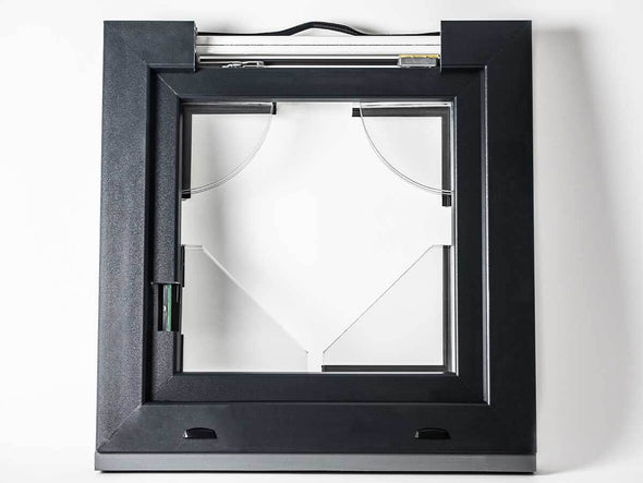 Back/exterior view of Gealan 9000 Educational window sample. It has variates of glass and spacer bars. Also you can see the inside of the frame. Window exterior color is black (GEA 22)
